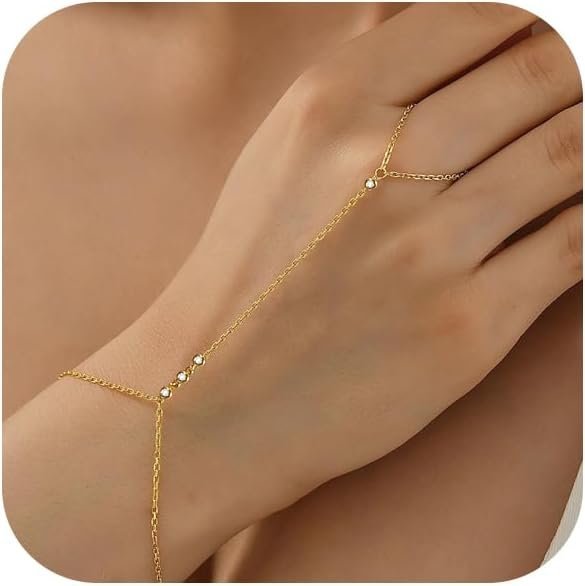 Bracelets for Women 14K Gold Silver Plated Ring Bracelet Hand Chain Dainty Evil Eye Heart Clover Daisy Cubic Zirconia Stackable Link Chain Hypoallergenic Body Jewelry Cute Trendy Gifts