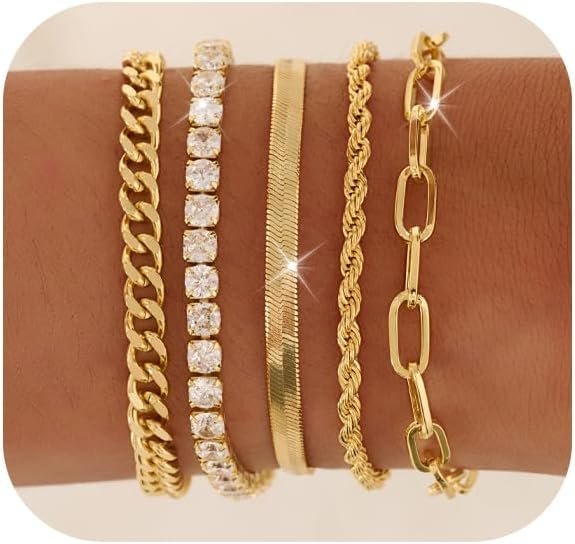 Gold Bracelets for Women 14K Gold Plated Stack Trend Bracelets Charm Paperclip Chain Cuban Link Layered Waterproof Bracelet Dainty Bracelet for Women Jewelry Gifts