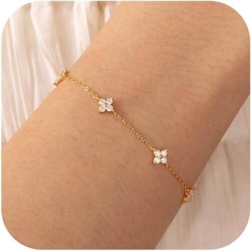 513IK2gfelL._AC_SL1500.jpg Bracelets for Women 14K Gold Silver Plated Ring Bracelet Hand Chain Dainty Evil Eye Heart Clover Daisy Cubic Zirconia Stackable Link Chain Hypoallergenic Body Jewelry Cute Trendy Gifts