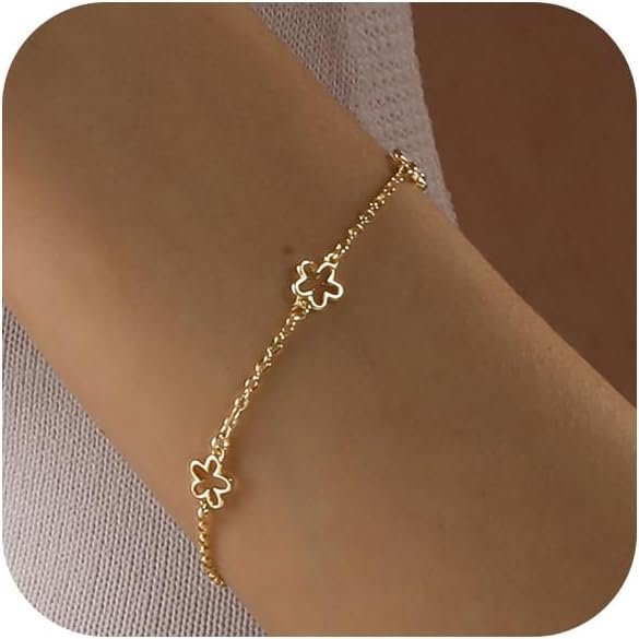 Bracelets for Women 14K Gold Silver Plated Ring Bracelet Hand Chain Dainty Evil Eye Heart Clover Daisy Cubic Zirconia Stackable Link Chain Hypoallergenic Body Jewelry Cute Trendy Gifts
