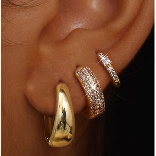 51AYKHaU-SL._AC_SL1500.jpg Small 14K Gold Plated Chunky Hoop Earrings for Women Hypoallergenic Silver Earrings Set for Sensitive Ears Non Tarnish Huggie Hoops Earring Stacks for Multiple Piercing Jewelry Lightweight 3Pairs