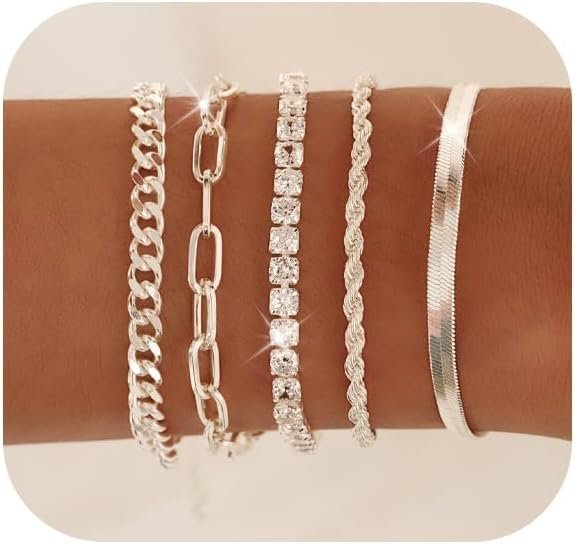 Gold Bracelets for Women 14K Gold Plated Stack Trend Bracelets Charm Paperclip Chain Cuban Link Layered Waterproof Bracelet Dainty Bracelet for Women Jewelry Gifts