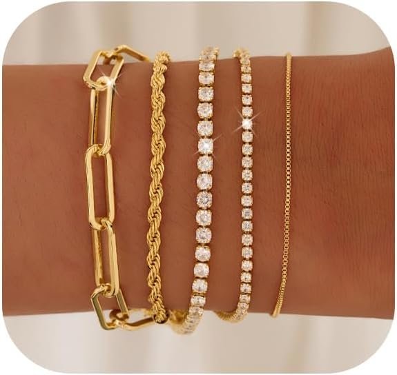 Gold Bracelets for Women 14K Gold Plated Stack Trend Bracelets Charm Paperclip Chain Cuban Link Layered Waterproof Bracelet Dainty Bracelet for Women Jewelry Gifts