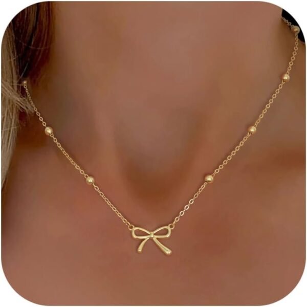 Stocking Stuffers for Women Dainty Bow Necklace 14K Gold Plated Cute Choker Small Pendant Charm Necklaces Teen Gift Trendy Stuff Personalized Jewelry Christmas Gifts