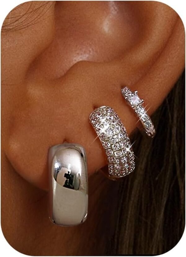 Small 14K Gold Plated Chunky Hoop Earrings for Women Hypoallergenic Silver Earrings Set for Sensitive Ears Non Tarnish Huggie Hoops Earring Stacks for Multiple Piercing Jewelry Lightweight 3Pairs