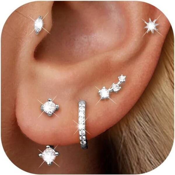 6 Pairs 14K Gold Plated Stud Earrings for Women, Hypoallergenic Cartilage Earrings for Multiple Piercing, Dainty Small Stackable Earrings Jewelry Set