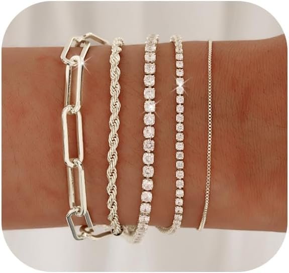 Gold Bracelets for Women 14K Gold Plated Stack Trend Bracelets Charm Paperclip Chain Cuban Link Layered Waterproof Bracelet Dainty Bracelet for Women Jewelry Gifts
