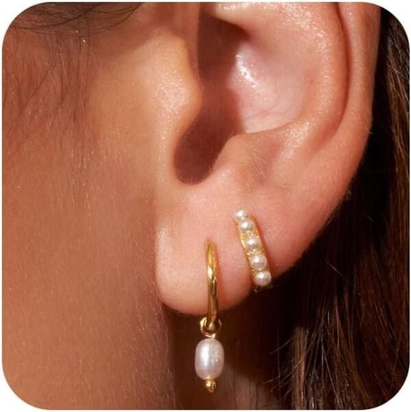 Gold Plated Earrings for Women, 14k Gold Plated Earring Stack Hypoallergenic Pearl Drop Earring Dainty Earrings for Women Trendy Cute Small Huggie Hoop Earring Fashion Womens Jewelry