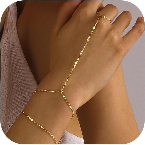 Bracelets for Women 14K Gold Silver Plated Ring Bracelet Hand Chain Dainty Evil Eye Heart Clover Daisy Cubic Zirconia Stackable Link Chain Hypoallergenic Body Jewelry Cute Trendy Gifts