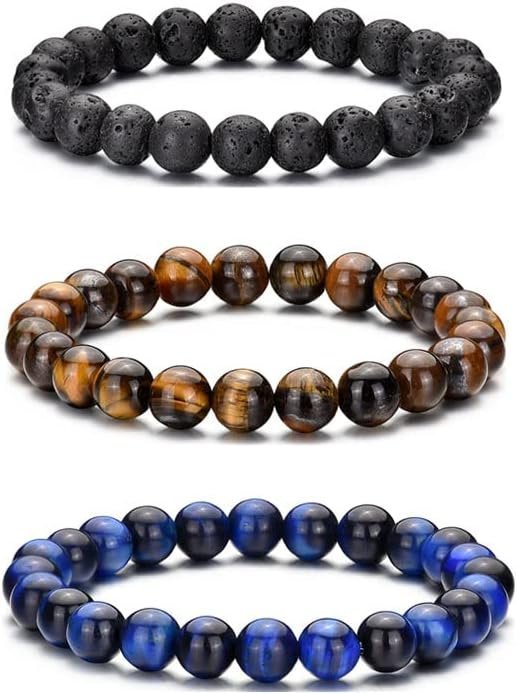 Tiger Eye Bracelet For Men 8MM Natural Stone Stretch Adjustable Black Crystal Beaded Bracelet for Men Women Gifts