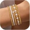 Gold Beaded Bracelets Set for Women Teen Girl Gifts Non Tarnish - 14K Gold Plated Dainty Round Bead Ball Pearl Cross Bracelet Stack for Women Teenage Girls Stackable Jewelry Christmas Gifts