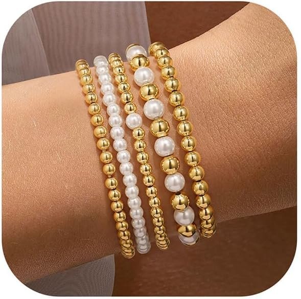 Gold Beaded Bracelets Set for Women Teen Girl Gifts Non Tarnish - 14K Gold Plated Dainty Round Bead Ball Pearl Cross Bracelet Stack for Women Teenage Girls Stackable Jewelry Christmas Gifts