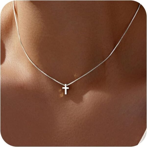 61EWSJeCc2L._AC_SL1500.jpg Christmas Stocking Stuffers Cross Necklace for Women Girls, Dainty Cute 14K Gold Silver Plated Cross Pendant Jewelry Non Tarnish Waterproof Simple Small Necklace Christian Baptism Religious Faith Gifts