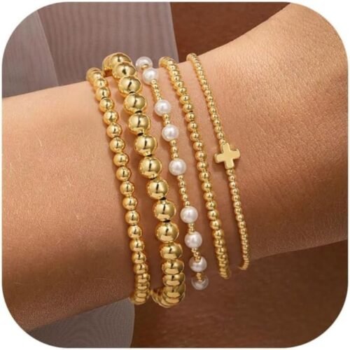 61S9UpwonYL._AC_SL1500.jpg Gold Beaded Bracelets Set for Women Teen Girl Gifts Non Tarnish - 14K Gold Plated Dainty Round Bead Ball Pearl Cross Bracelet Stack for Women Teenage Girls Stackable Jewelry Christmas Gifts