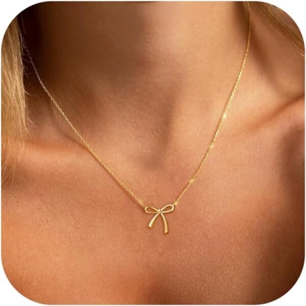 Stocking Stuffers for Women Dainty Bow Necklace 14K Gold Plated Cute Choker Small Pendant Charm Necklaces Teen Gift Trendy Stuff Personalized Jewelry Christmas Gifts