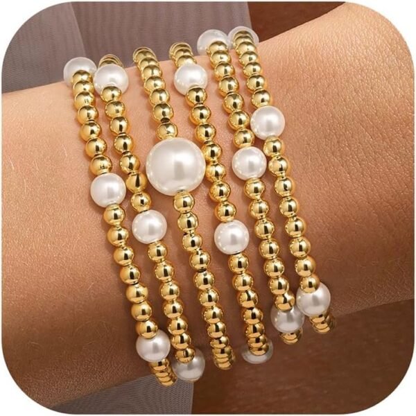 Gold Beaded Bracelets Set for Women Teen Girl Gifts Non Tarnish - 14K Gold Plated Dainty Round Bead Ball Pearl Cross Bracelet Stack for Women Teenage Girls Stackable Jewelry Christmas Gifts