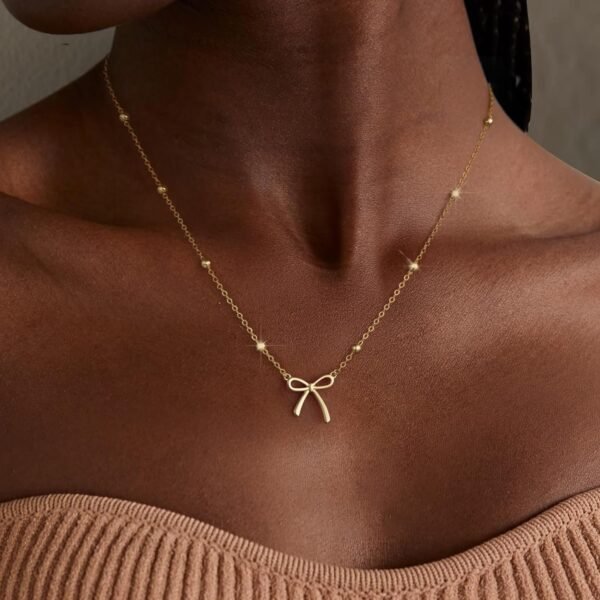 Stocking Stuffers for Women Dainty Bow Necklace 14K Gold Plated Cute Choker Small Pendant Charm Necklaces Teen Gift Trendy Stuff Personalized Jewelry Christmas Gifts