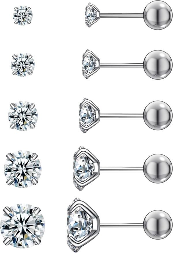 6 Pairs Stud Earrings Set, Hypoallergenic Cubic Zirconia 316L Earrings Stainless Steel CZ Earrings 3-8mm (Steel color)