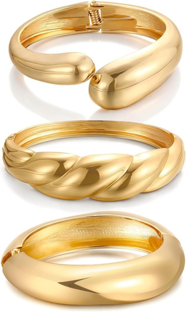 Chunky Gold Bangle Bracelets for Women, Dainty 14k Gold Plated Big Stackable Bangles Set, Trendy Statement Cuff Bracelet Stack Fashion Jewelry Gifts