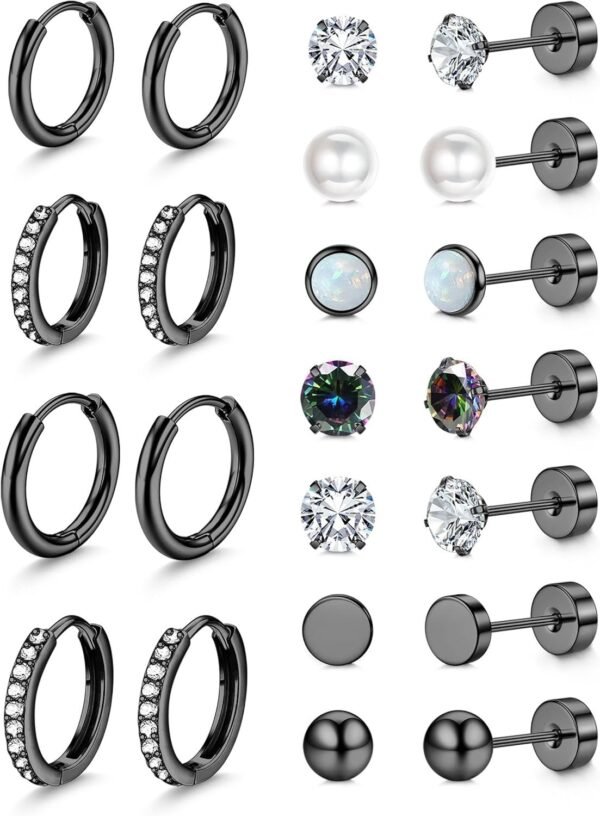 Hypoallergenic Stud Hoop Earrings for Women Small Flat Back Surgical Stainless Steel Earrings for Sensitive Ears Trendy Silver Hoops Cartilage Earring Stacks Set Multiple Piercing Jewelry Gifts