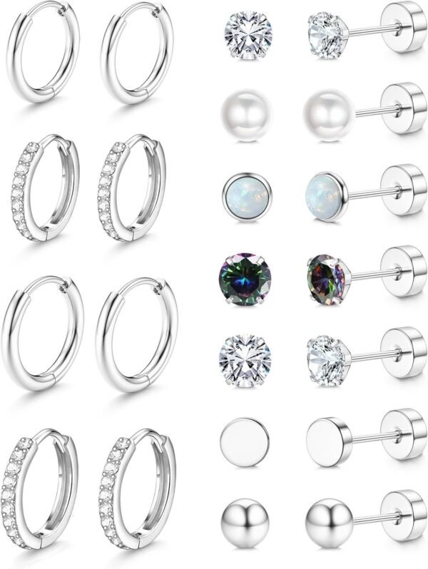 Hypoallergenic Stud Hoop Earrings for Women Small Flat Back Surgical Stainless Steel Earrings for Sensitive Ears Trendy Silver Hoops Cartilage Earring Stacks Set Multiple Piercing Jewelry Gifts