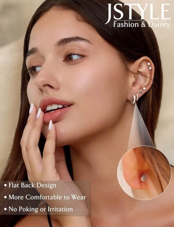 Hypoallergenic Stud Hoop Earrings for Women Small Flat Back Surgical Stainless Steel Earrings for Sensitive Ears Trendy Silver Hoops Cartilage Earring Stacks Set Multiple Piercing Jewelry Gifts