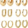 Gold/Sliver Chunky Hoop Earrings Set for Women, 14K Gold Plated Twisted Huggie Hoop Earring Hypoallergenic Thick Open Lightweight Chunky Hoop Earrings Jewelry for Gifts