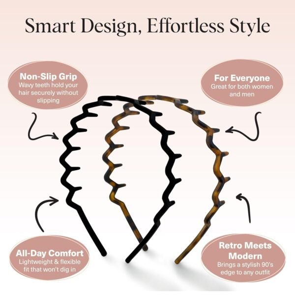 Zig Zag Headbands for Women Non Slip – Fashion Accessories for Slicked Back Styles - Comfortable Comb Headband with Teeth | Ideal Gifts for Women - Tortoise & Black Headband - 2 pcs