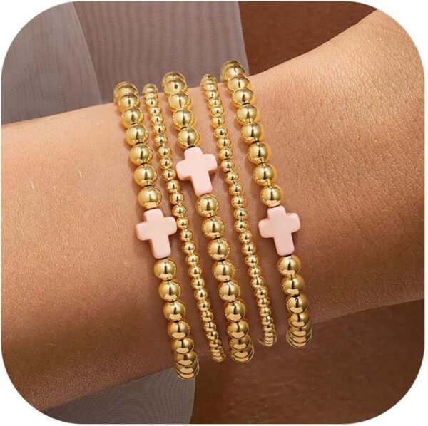 Gold Beaded Bracelets Set for Women Teen Girl Gifts Non Tarnish - 14K Gold Plated Dainty Round Bead Ball Pearl Cross Bracelet Stack for Women Teenage Girls Stackable Jewelry Christmas Gifts