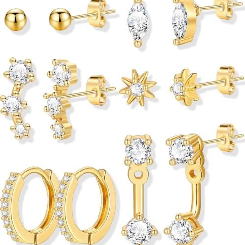 71PButUXPZL._AC_SL1500.jpg 6 Pairs 14K Gold Plated Stud Earrings for Women, Hypoallergenic Cartilage Earrings for Multiple Piercing, Dainty Small Stackable Earrings Jewelry Set