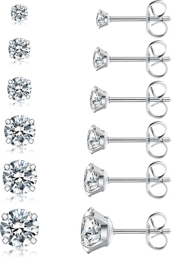 6 Pairs Stud Earrings Set, Hypoallergenic Cubic Zirconia 316L Earrings Stainless Steel CZ Earrings 3-8mm (Steel color)