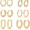 Gold/Sliver Chunky Hoop Earrings Set for Women, 14K Gold Plated Twisted Huggie Hoop Earring Hypoallergenic Thick Open Lightweight Chunky Hoop Earrings Jewelry for Gifts