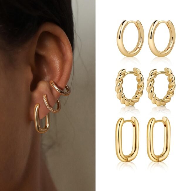 Gold/Sliver Chunky Hoop Earrings Set for Women, 14K Gold Plated Twisted Huggie Hoop Earring Hypoallergenic Thick Open Lightweight Chunky Hoop Earrings Jewelry for Gifts