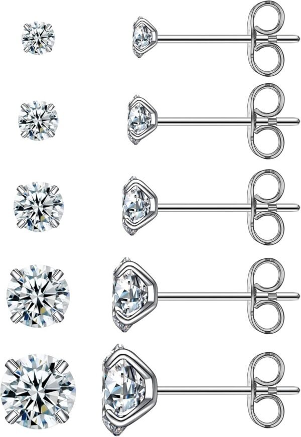 6 Pairs Stud Earrings Set, Hypoallergenic Cubic Zirconia 316L Earrings Stainless Steel CZ Earrings 3-8mm (Steel color)