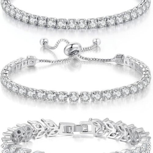 3 Pcs Tennis Bracelet Set 14K Gold Plated Marquise Cubic Zirconia CZ Diamond Dainty Adjustable Silver Bracelets for Women Brides Stackable Fashion Jewelry Wedding Prom Gift