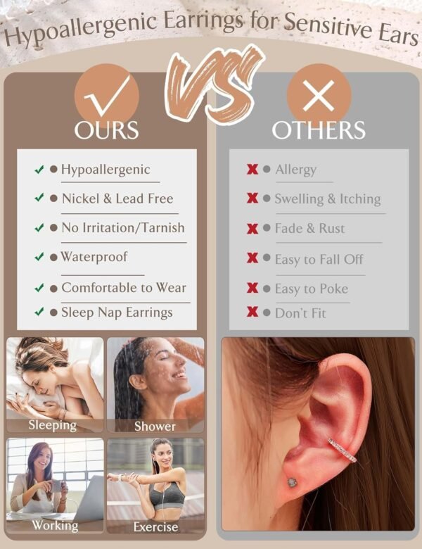 Hypoallergenic Stud Hoop Earrings for Women Small Flat Back Surgical Stainless Steel Earrings for Sensitive Ears Trendy Silver Hoops Cartilage Earring Stacks Set Multiple Piercing Jewelry Gifts