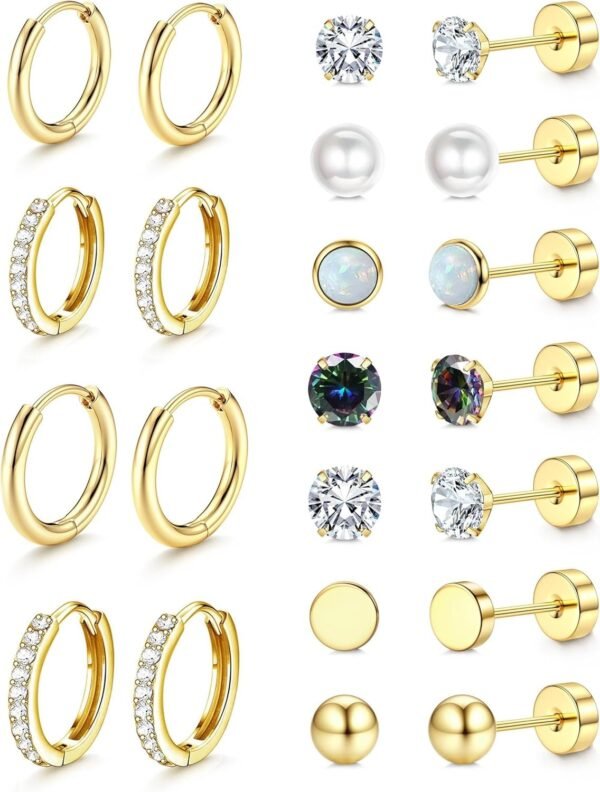 Hypoallergenic Stud Hoop Earrings for Women Small Flat Back Surgical Stainless Steel Earrings for Sensitive Ears Trendy Silver Hoops Cartilage Earring Stacks Set Multiple Piercing Jewelry Gifts