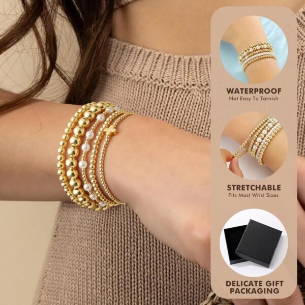 Gold Beaded Bracelets Set for Women Teen Girl Gifts Non Tarnish - 14K Gold Plated Dainty Round Bead Ball Pearl Cross Bracelet Stack for Women Teenage Girls Stackable Jewelry Christmas Gifts