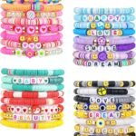 32 Pcs Preppy Jewelry Bracelets for Women Clay Bead Colorful Surfer Heishi Bracelet Set Stackable Beaded Friendship Stretch Bracelets Boho Y2K Summer Beach Elastic Layering Bracelets