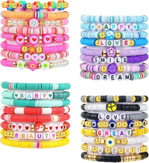 32 Pcs Preppy Jewelry Bracelets for Women Clay Bead Colorful Surfer Heishi Bracelet Set Stackable Beaded Friendship Stretch Bracelets Boho Y2K Summer Beach Elastic Layering Bracelets