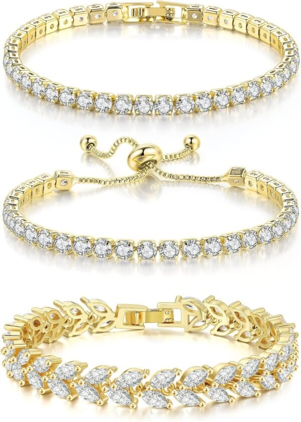 3 Pcs Tennis Bracelet Set 14K Gold Plated Marquise Cubic Zirconia CZ Diamond Dainty Adjustable Silver Bracelets for Women Brides Stackable Fashion Jewelry Wedding Prom Gift