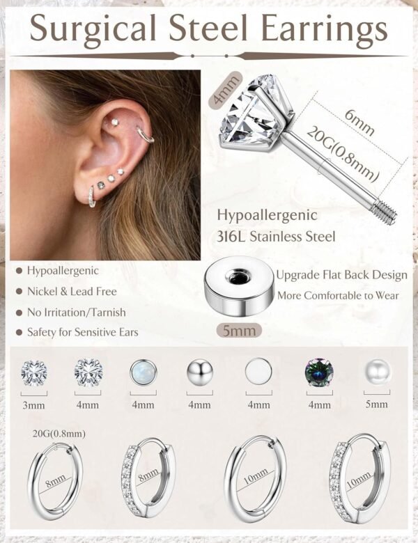 Hypoallergenic Stud Hoop Earrings for Women Small Flat Back Surgical Stainless Steel Earrings for Sensitive Ears Trendy Silver Hoops Cartilage Earring Stacks Set Multiple Piercing Jewelry Gifts